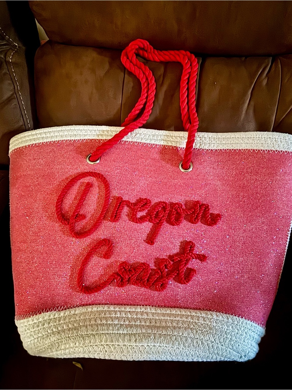 Oregon Coast Red Rope-Handle Beach Tote